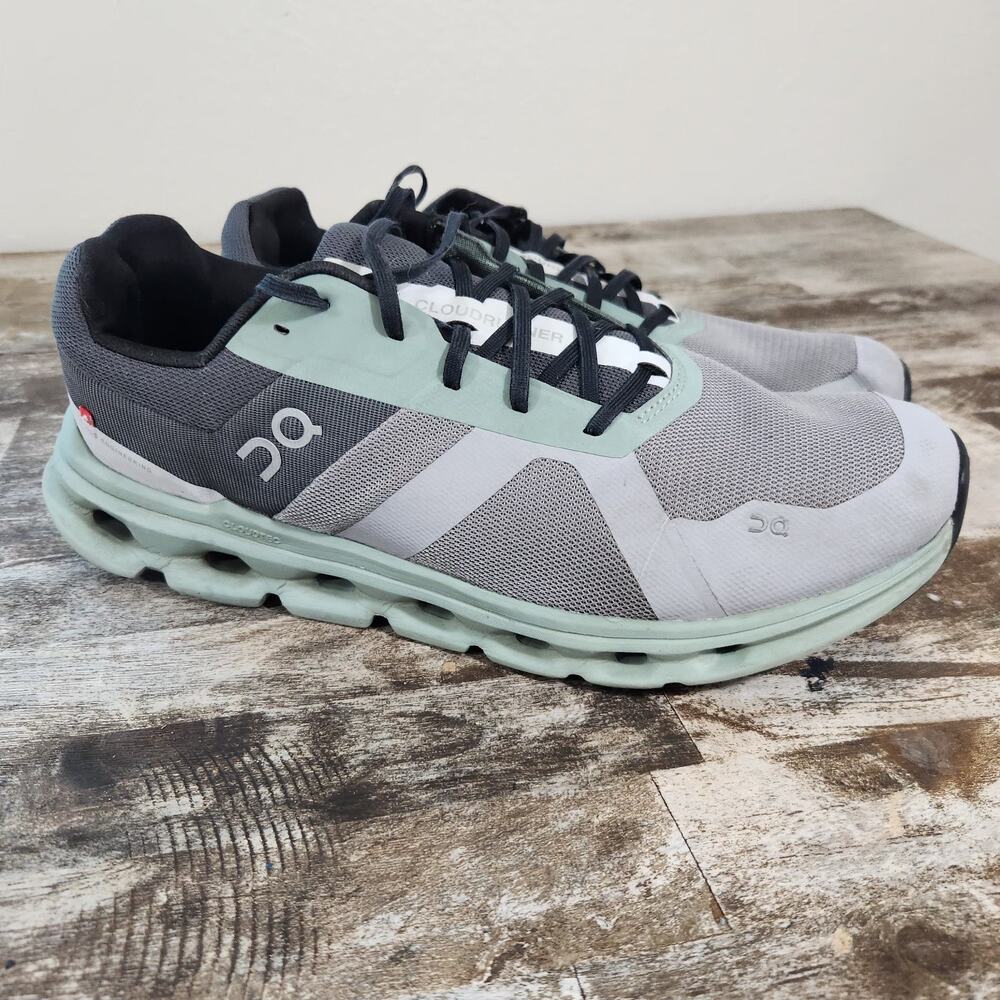 On Cloudrunner Mens 13 Gray Green Running Shoes CloudTec Athletic Sneakers